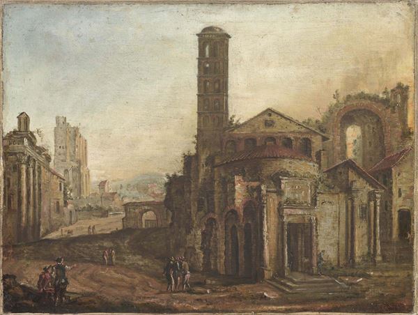 Ignoto fine XVIII secolo - «Paesaggio con rovine del Foro romano» e «Paesaggio con case alla veneta e fiume»