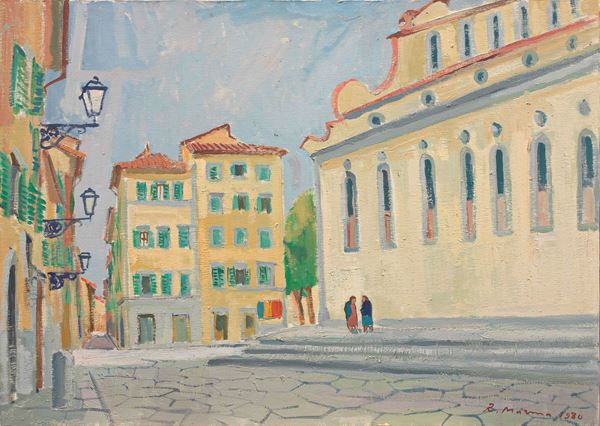 Rodolfo Marma : Piazza Santo Spirito  (1980)  - Olio su tela - Asta Dipinti e Sculture del XIX e XX secolo - II - Casa d'aste Farsettiarte