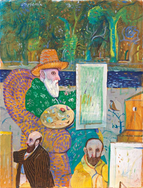 Antonio Possenti : Monet e due amici  (1994)  - Olio su cartone telato - Asta Dipinti e Sculture del XIX e XX secolo - II - Casa d'aste Farsettiarte