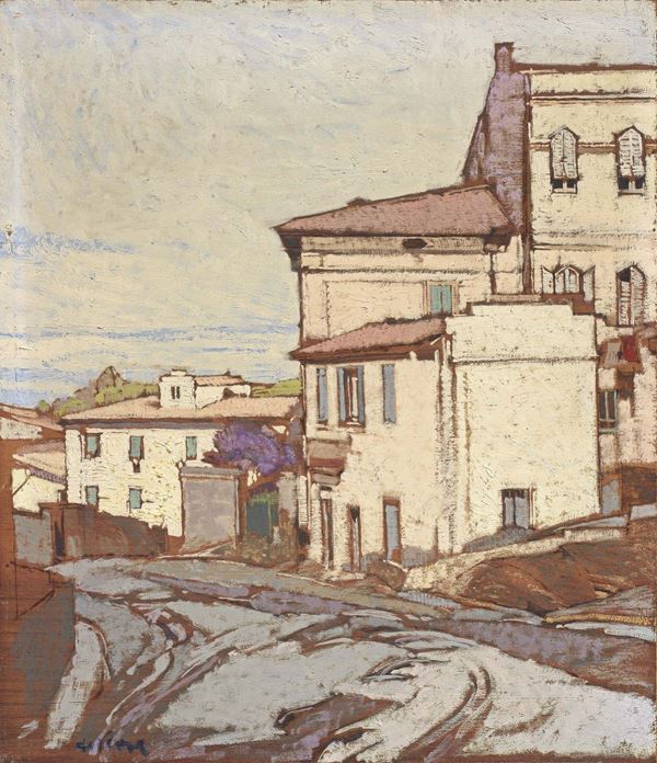 Raffaele De Rosa : Borgo  - Olio su tavola - Asta Dipinti e Sculture del XIX e XX secolo - II - Casa d'aste Farsettiarte