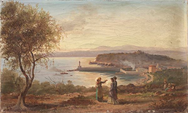 Ignoto del XIX secolo : Paesaggio con porto  - Olio su tela - Auction Dipinti e sculture del XIX e XX secolo - II - Casa d'aste Farsettiarte