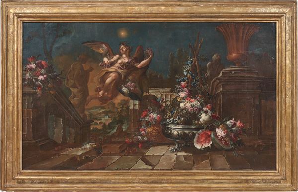 Scuola fiamminga del XVII secolo - «Natura morta allegorica con paesaggio e arcobaleno» e «Natura morta allegorica con rovine architettoniche e figura femminile alata»