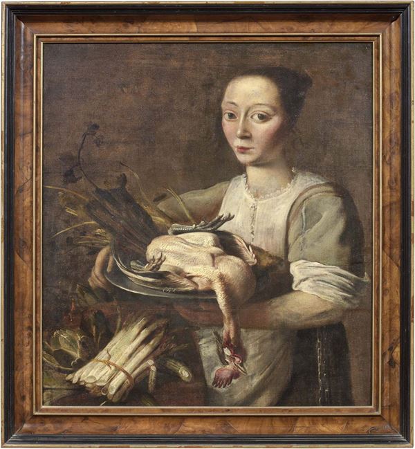 Scuola lombarda fine XVII secolo - Natura morta con contadina, galletto e asparagi