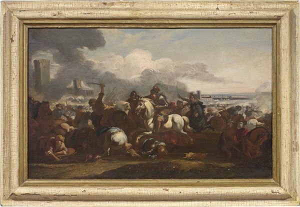 Seguace del Bergognone - Battaglia di cavalleria sotto le mura di una città