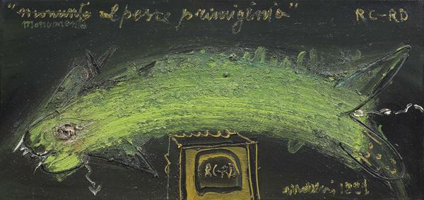 Mattia Moreni : Monumento al pesce primigénio" R.C.-R.D.  (1991)  - Olio su tela - Asta Arte Contemporanea - I - Casa d'aste Farsettiarte