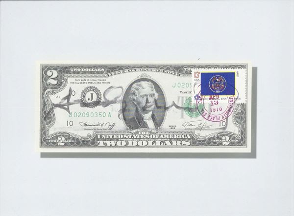 Andy Warhol : Two dollars Jefferson  - Tecnica mista su banconota - Asta Arte Contemporanea - I - Casa d'aste Farsettiarte