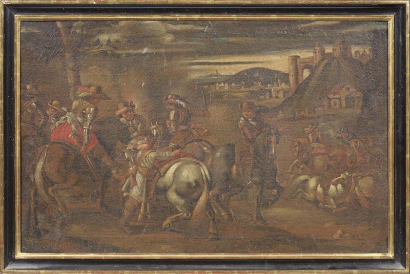 Scuola Fiamminga Fine XVII Secolo - Paesaggio con Cavalieri