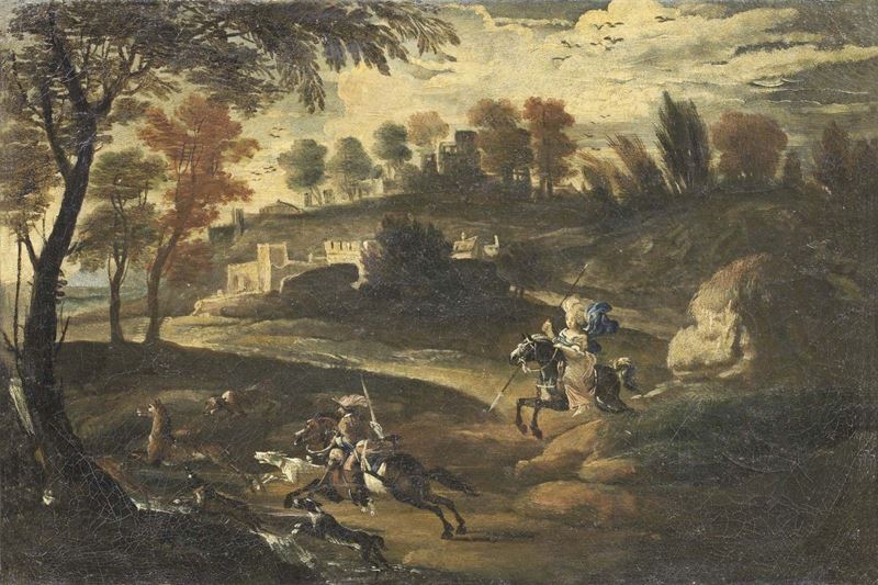 Scuola Emiliana Fine XVII Secolo - Paesaggio con Scena di Caccia