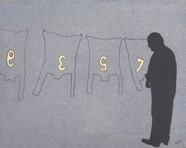 Renato Mambor : Squadra in riposo  (1965)  - Acrilico su tela jeans - Auction Arte Contemporanea - I - Casa d'aste Farsettiarte