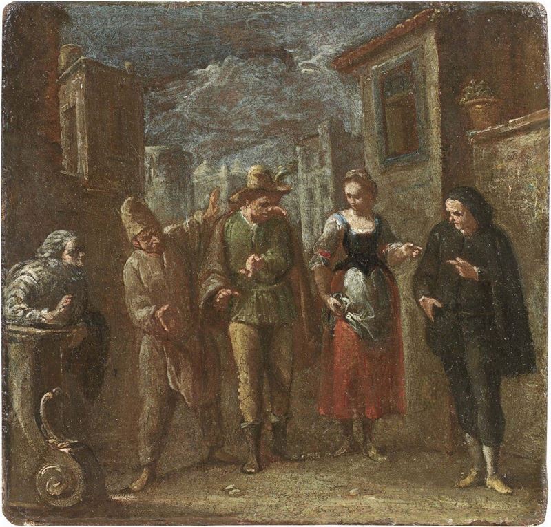 Scuola Veneta Fine XVIII Secolo - Scena di Genere con Maschera della Commedia Dell'arte