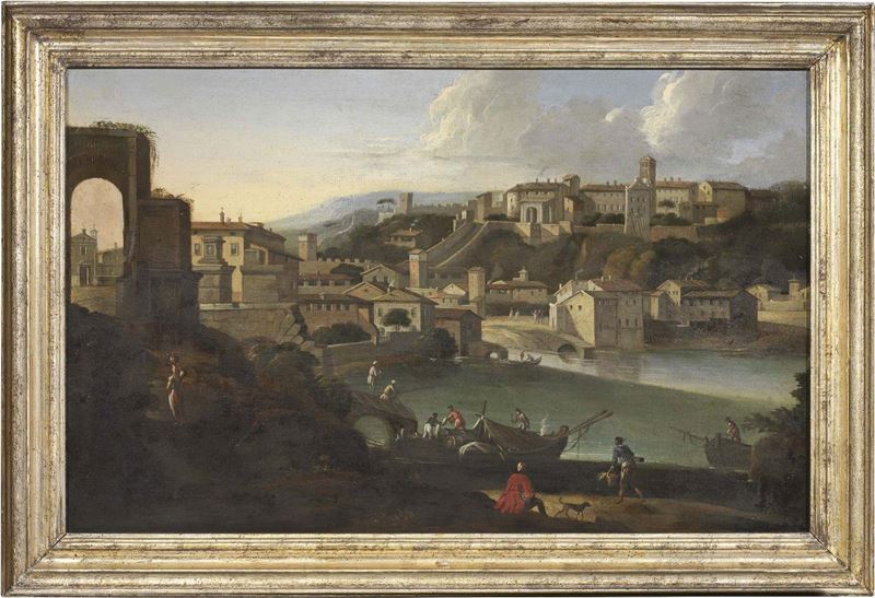Jacob De Heusch (attr. A) - Veduta di Città con Fiume (roma)