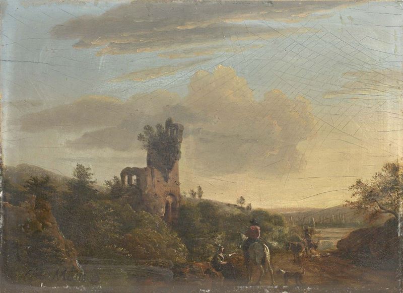 Ignoto Inizio XIX Secolo - Paesaggio con Figure e Rovine