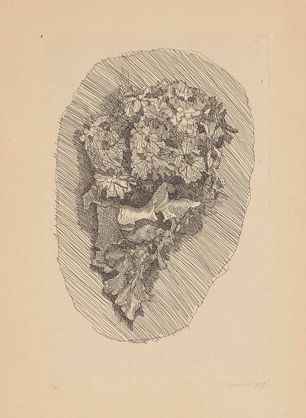 Giorgio Morandi : Fiori in un cornetto su fondo ovoidale  (1929)  - Acquaforte su rame, es. 9/40 - Auction MODERN ART - II - Casa d'aste Farsettiarte