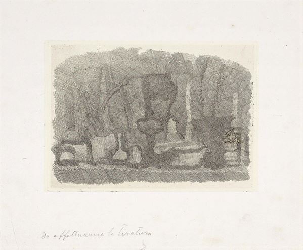 Giorgio Morandi - Natura morta di vasi, bottiglie etc. su un tavolo