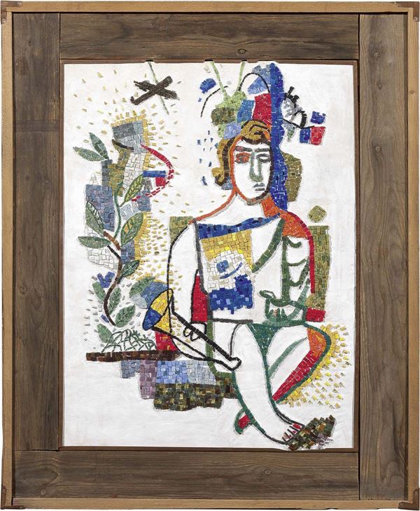 Sandro Chia : Uomo con le foglie  (2002)  - Mosaico e affresco su tavola, in cornice d'artista - Asta Arte Contemporanea - I - Casa d'aste Farsettiarte