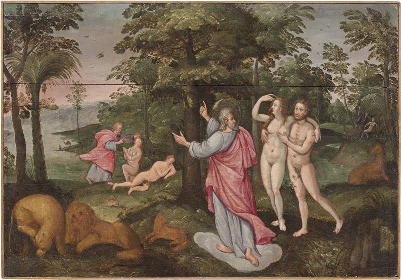 Scuola Fiamminga del XVII Secolo - Il Paradiso Terrestre con la Creazione di Eva e la Tentazione