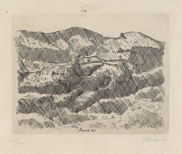 Giorgio Morandi : Monti di Grizzana  (1929)  - Acquaforte su zinco, es. 45/50 - Auction Dipinti, disegni, sculture, grafica - Arte Contemporanea - I - Casa d'aste Farsettiarte