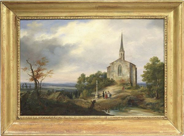 Ignoto del XIX secolo - Paesaggio con chiesa