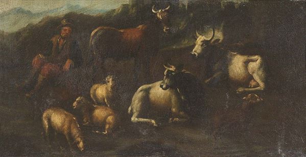 Matteo Ghidoni, detto Matteo de' Pitocchi (bottega di) - Paesaggio con pastore e armenti