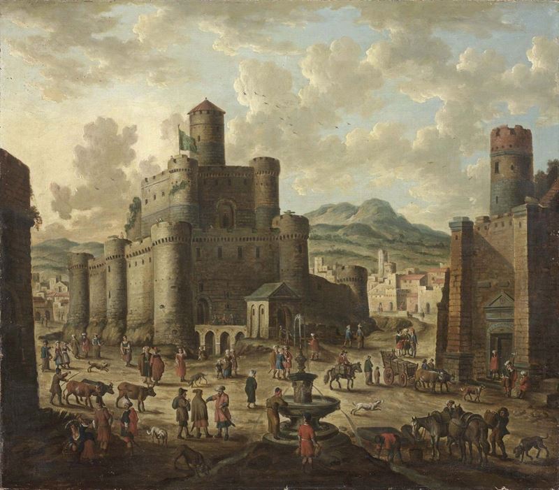Scuola Fiamminga del XVII Secolo - Veduta di Città con Castello e Scene di Vita