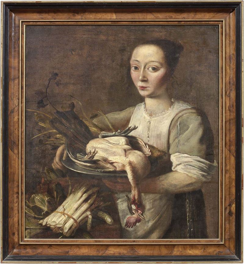 Scuola Lombarda Fine XVII Secolo - Natura Morta con Contadina, Galletto e Asparagi
