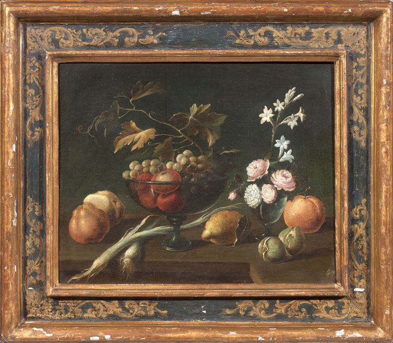 Scuola Romana del XVII Secolo - Natura Morta con Frutta e Fiori
