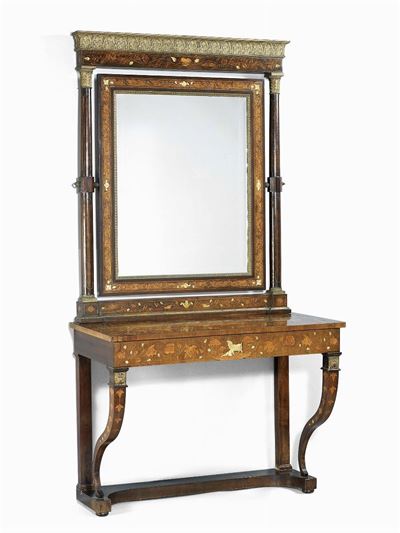 Consolle e Specchiera Lastronate e Intarsiate in Legno di Mogano Biondo, Bois De Rose e Avorio