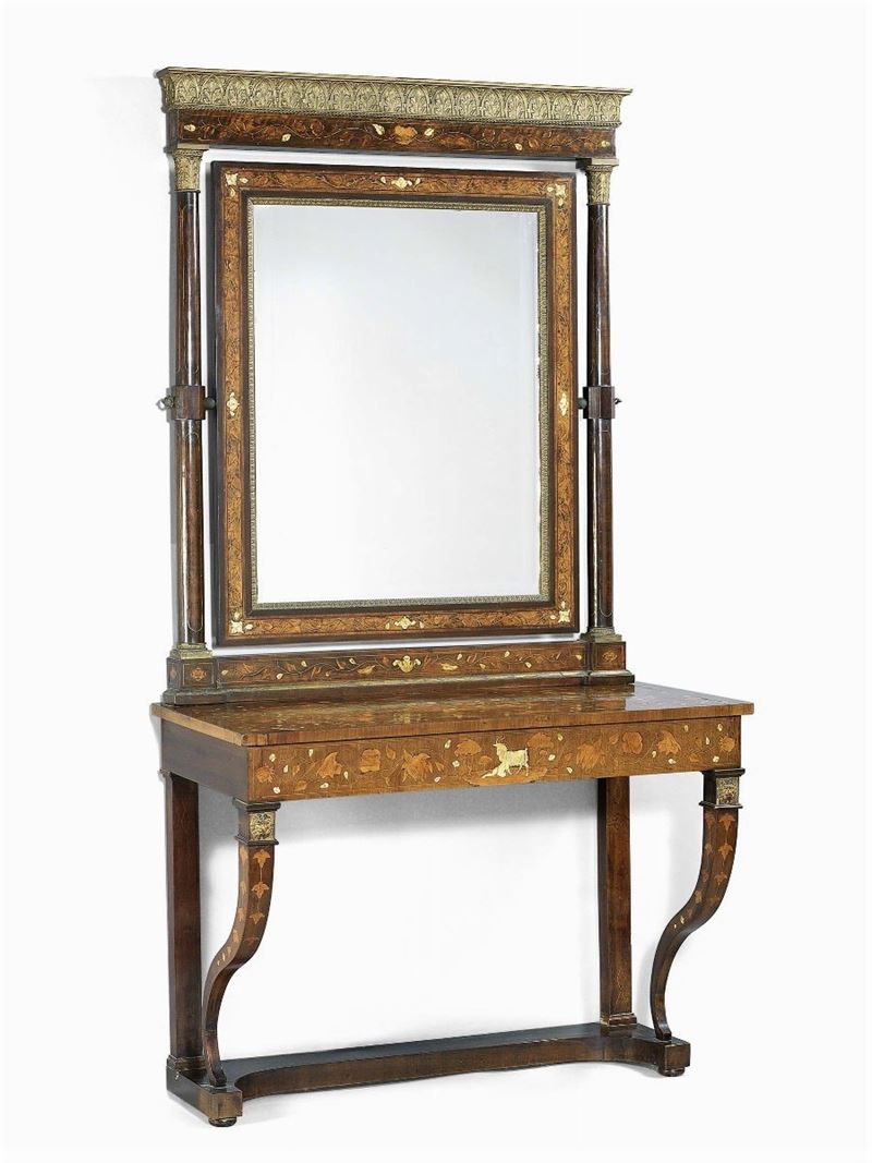 Consolle e Specchiera Lastronate e Intarsiate in Legno di Mogano Biondo, Bois De Rose e Avorio