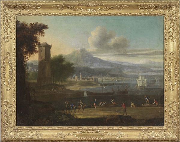 Adriaen  Van der Kabel (attr. a) : Marina con città e torre  - Olio su tela - Auction Arredi e Dipinti Antichi - I - Casa d'aste Farsettiarte