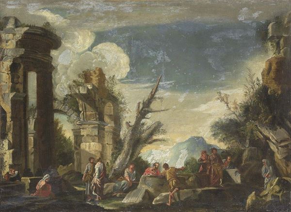 Scuola napoletana fine XVII secolo - Paesaggio con rovine e figure