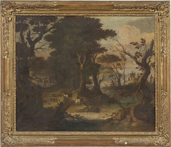 Scuola veneta del XVIII secolo - «Paesaggio fluviale con figure» e «Paesaggio fluviale con città turrita»