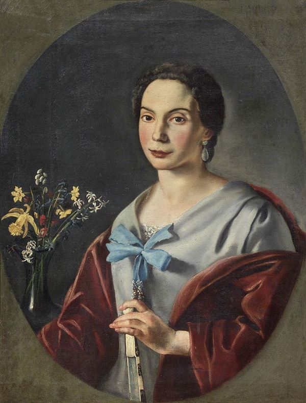 Scuola napoletana fine XVIII secolo - Ritratto di donna con vaso di fiori