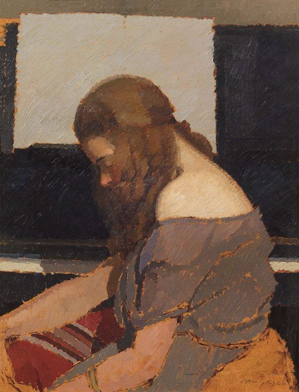 Oscar Ghiglia : Fanciulla al pianoforte  (1922 ca.)  - Olio su cartone - Asta Dipinti e Sculture del XIX e XX secolo - II - Casa d'aste Farsettiarte