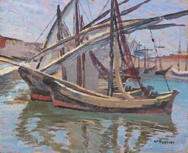 Mario Puccini : Barche in porto  - Olio su tavoletta - Auction Dipinti e Sculture del XIX e XX secolo - II - Casa d'aste Farsettiarte