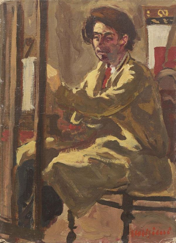 Alberto Caligiani : Autoritratto  (1947)  - Olio su cartone - Asta Dipinti e Sculture del XIX e XX secolo - II - Casa d'aste Farsettiarte