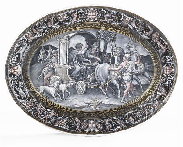 Piatto ovato in smalto bicromo Limoges di pregevole fattura  (XVIII secolo.)  - Auction Arredi e Dipinti Antichi - I - Casa d'aste Farsettiarte