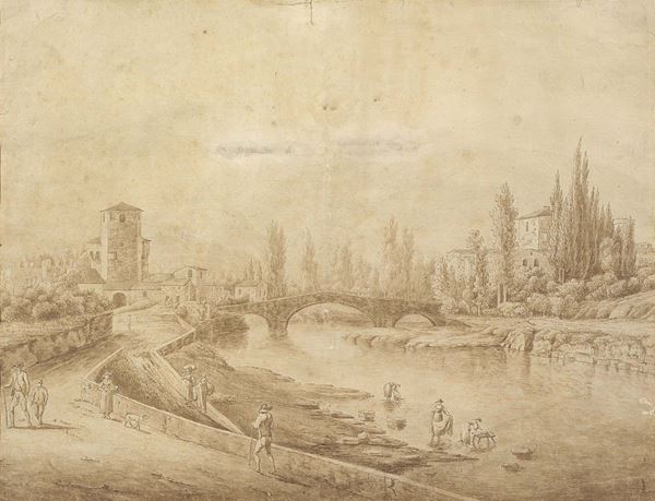 Scuola toscana del XVII secolo : Veduta di Campi Bisenzio  - Disegno su carta - Auction Arredi e Dipinti Antichi - I - Casa d'aste Farsettiarte