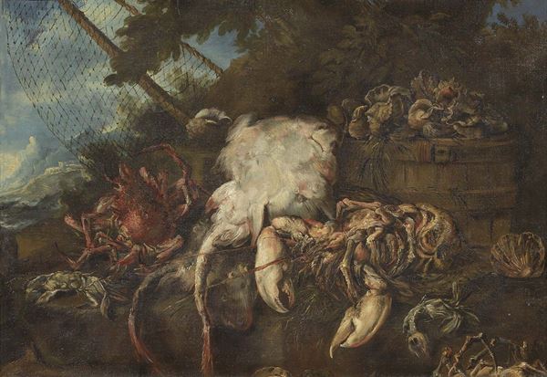 Felice Boselli (attr. a) : Natura morta con pesci e crostacei  - Olio su tela - Auction Arredi e Dipinti Antichi - I - Casa d'aste Farsettiarte