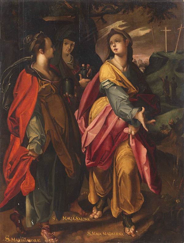 Bartholomaeus Spranger (studio di) : Tre Marie ai piedi del Calvario  - Olio su tavola - Auction Arredi e Dipinti Antichi - I - Casa d'aste Farsettiarte