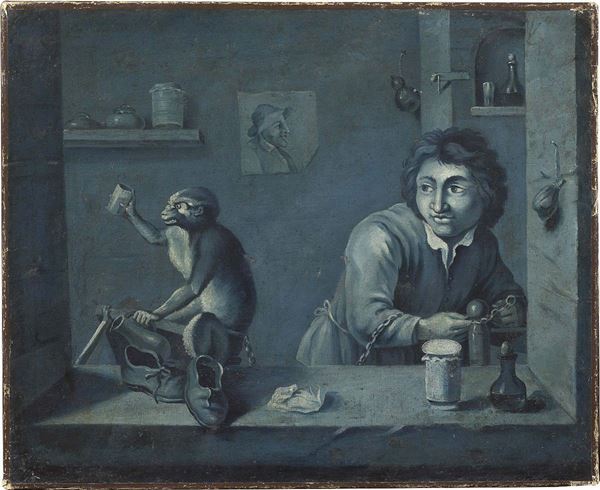 Scuola fiamminga del XVII secolo - Interno con uomo e scimmia