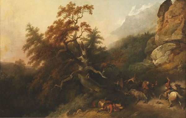 Philippe Jacques de Loutherbourg il Giovane - Paesaggio con viaggiatori attaccati dai banditi