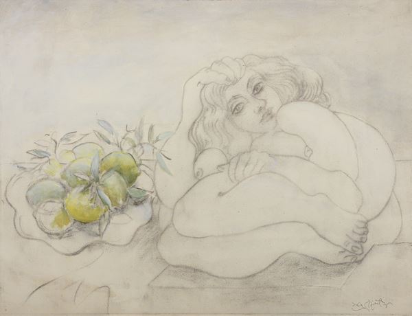 Ercole Pignatelli : Nudo con limoni  (1987)  - Carboncino e acrilico su tela - Asta PARADE V - Arte Contemporanea - Casa d'aste Farsettiarte
