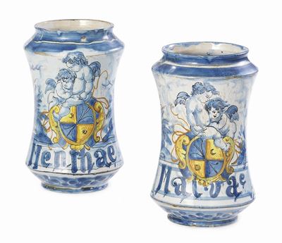 Coppia di Albarelli in Maiolica Bianco, Blu e Gialla