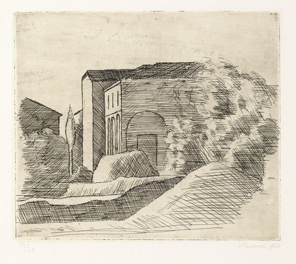 Giorgio Morandi : La casetta con il portico e il cipresso (lastra grande)  (1924)  - Acquaforte su zinco su carta India incollata, es. 23/30 - Asta ARTE CONTEMPORANEA - I - Casa d'aste Farsettiarte