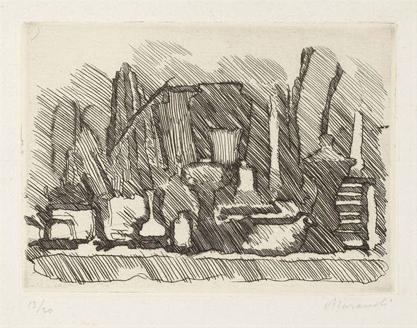 Giorgio Morandi - Natura morta di vasi, bottiglie ecc. su un tavolo