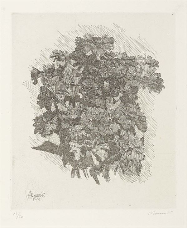 Giorgio Morandi : Gruppo di zinnie  (1931)  - Acquaforte su zinco, es. 13/30 - Auction Dipinti, disegni, sculture, grafica - Arte Contemporanea - I - Casa d'aste Farsettiarte
