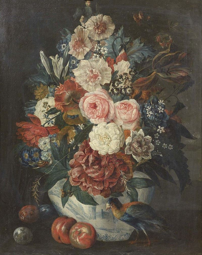 Ignoto del XIX Secolo - Natura Morta con Vaso di Fiori, Frutta e Uccello