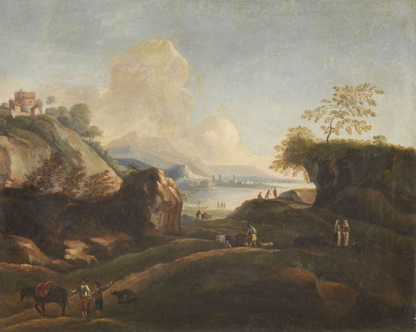 Ignoto del XVIII secolo - Paesaggio lacustre con figure e armenti