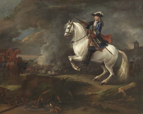 Thomas Wyck (attr. a ) - Ritratto equestre di un generale sullo sfondo di battaglia
