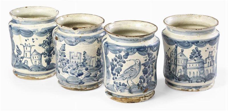 Quattro Albarelli in Maiolica Bianco-blu
